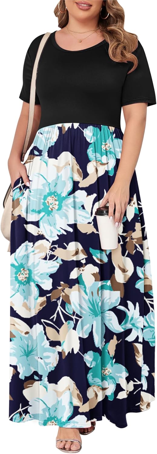 KARALIN Women’s Plus Size Maxi Dresses for Curvy Women Summer Casual Short Sleeve 2025 Long Dress 14W-26W