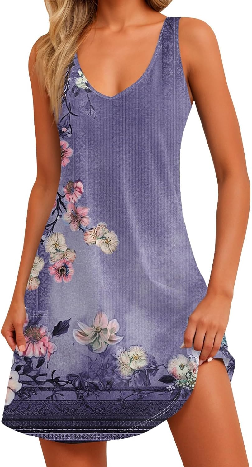 Women's Sleeveless Floral Print Summer Dress Casual V-Neck A-Line Mini Dress for Beach Party and Daily Wear