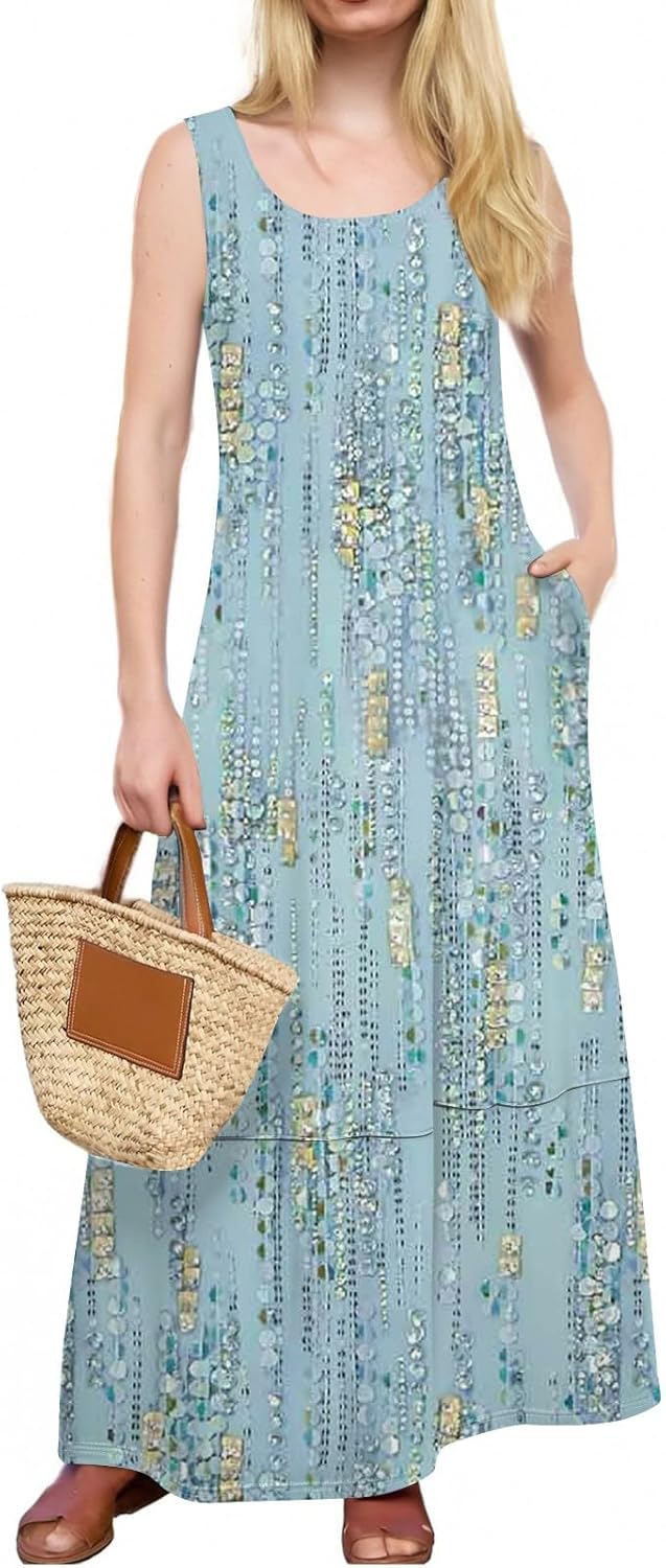 Womens Summer Tank Dress Vacation Boho Floral Long Dresses with Pockets Resort Wear Swing Beach Sleeveless Sundress
