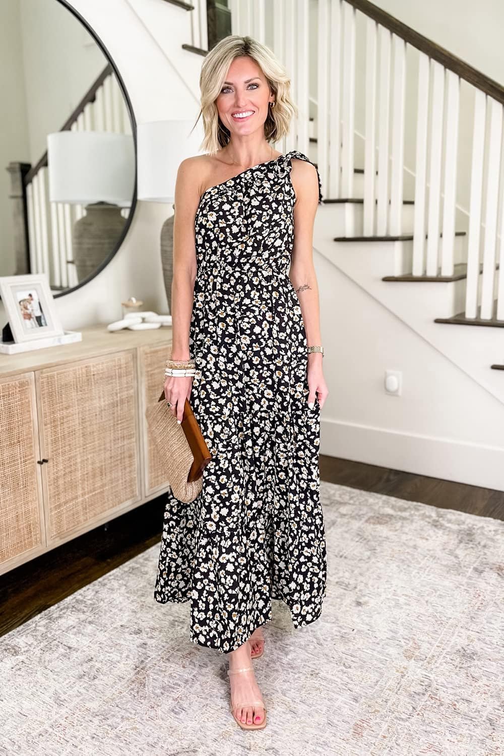 PRETTYGARDEN Women's Summer Floral Maxi Dress Knot One Shoulder Sleeveless Ruffle Flowy Boho Beach Wedding Guest Dresses