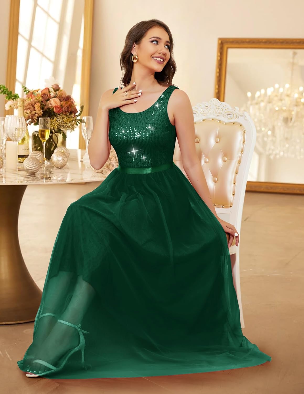 BeryLove Sequin Dress for Woman Vintage A Line Wedding Formal Swing Mesh Dress Sleeveless Cocktail Maxi Gowns