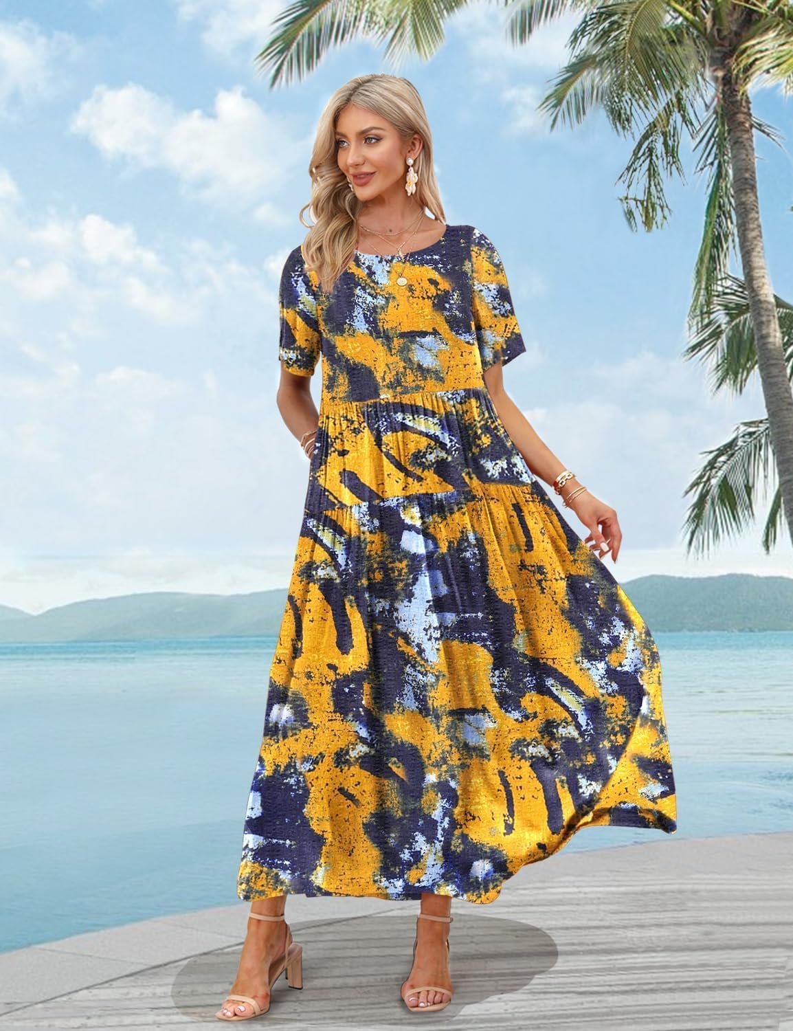 YESNO Women Casual Loose Bohemian Floral Dress with Pockets Short Sleeve Long Maxi Summer Beach Swing Dress EJF