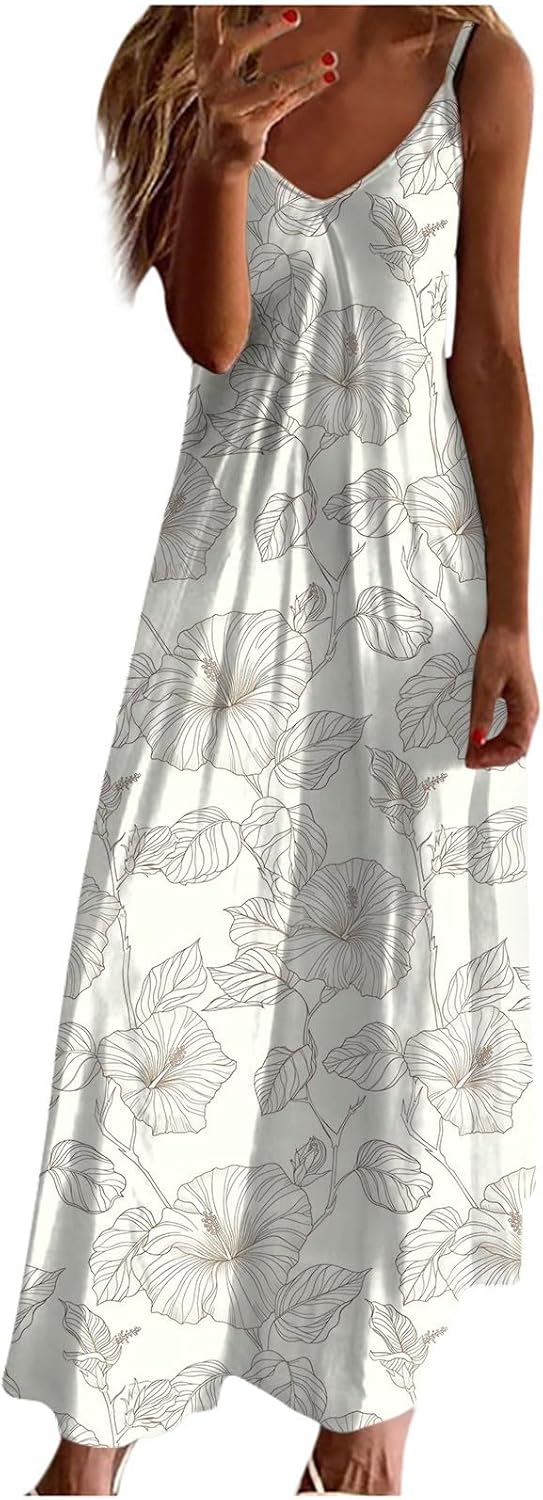 Womens Floral Maxi Dresses Spaghetti Strap Casual Summer Long Dress Vneck Flowy Boho Beach Sundress Vacation Outfits
