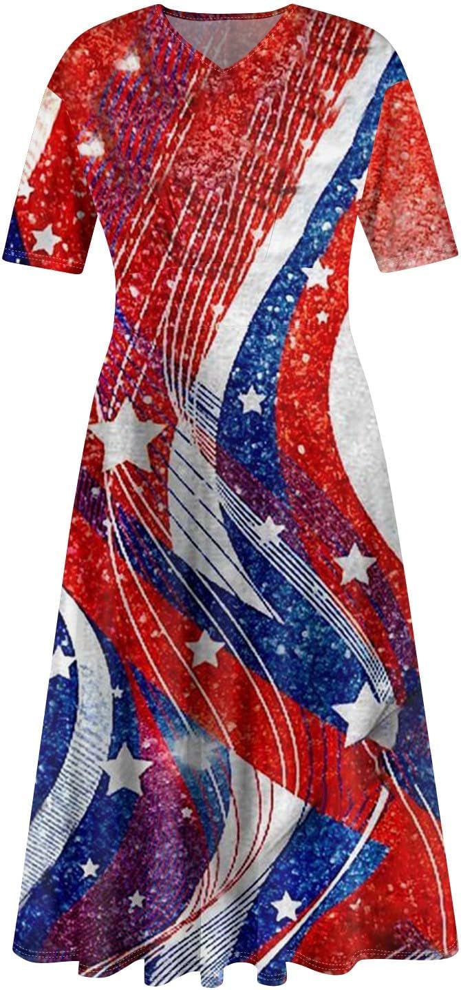 Women's Patriotic Star Print Midi Short Sleeve V-Neck Casual A-Line Dress for Summer Parties & Events