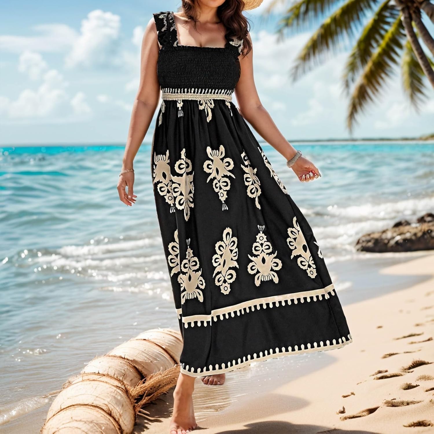 Women's Summer Dresses Sleeveless Casual Boho Maxi Long Dress Square Neck Smocked Floral Beach Vacation Sundresses 3