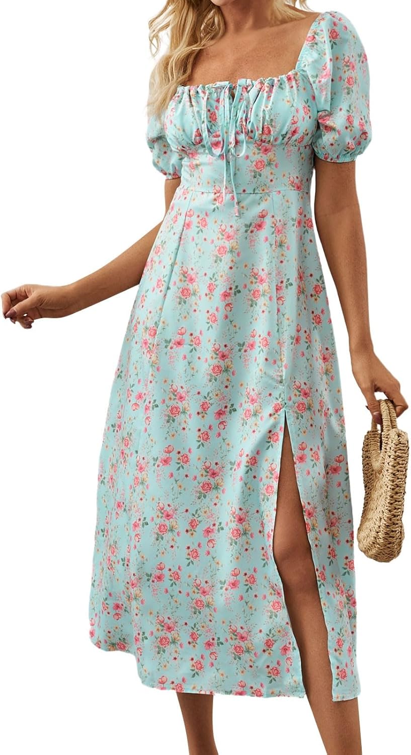 Women's Sundresses 2025 Summer Casual Loose Trendy Bubble Sleeve Square Neck Split Bow Floral Print Dress Plus Size, XS-3XL