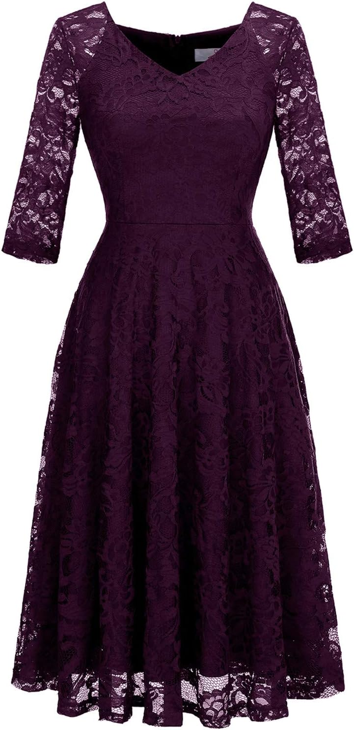 Dressystar Womens Long-Sleeve Wedding Guest Dress A-Line Lace Formal Party Cocktail Midi Dress Prom Gown