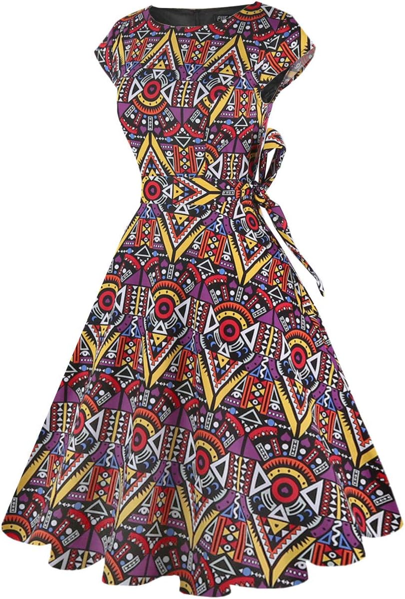 PUKAVT Women's 1950 Boatneck Cap Sleeve Vintage Swing Cocktail Party Dress with Pockets