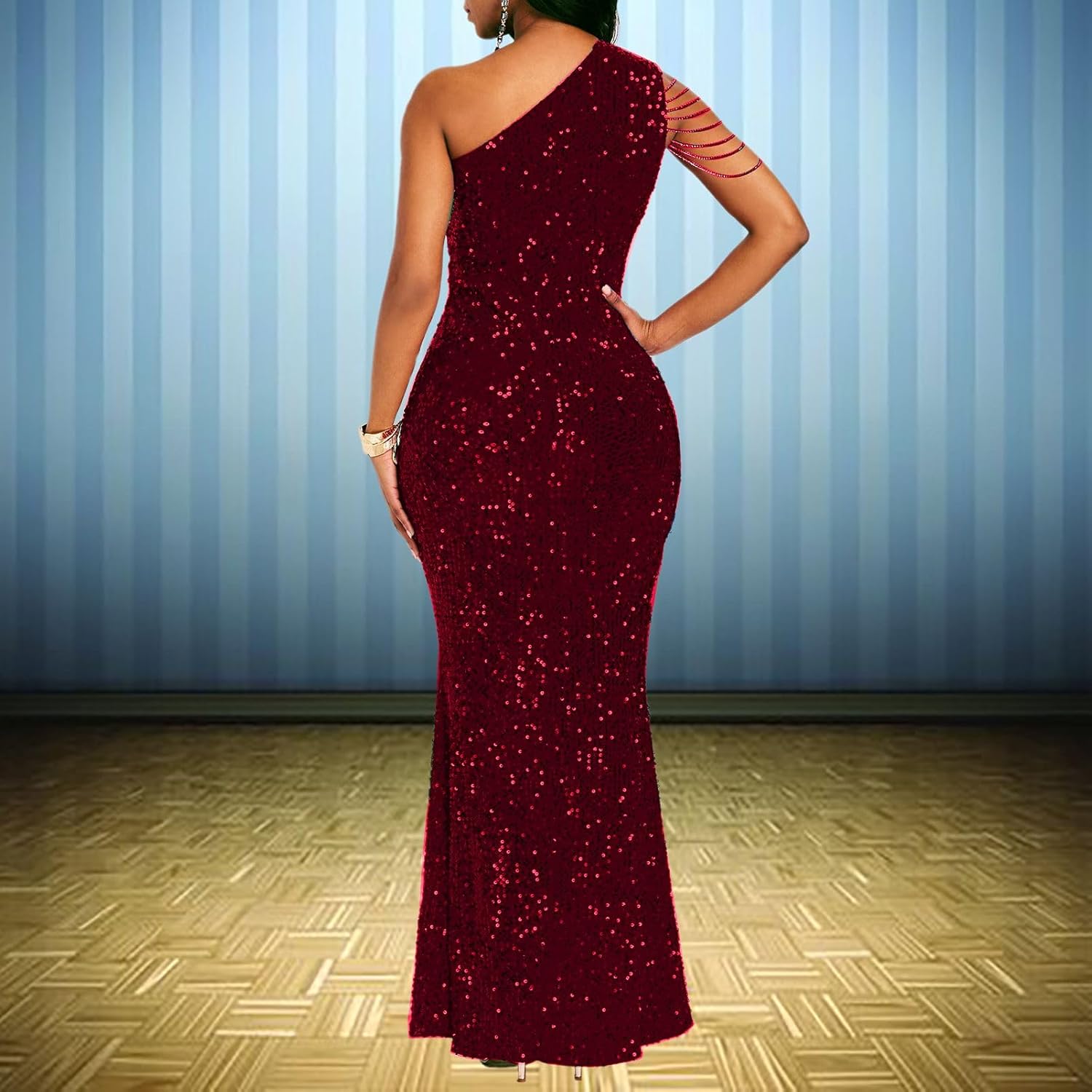 Cololura Women Sequin Elegant Sexy One Shoulder Tassel Mermaid Bodycon Cocktail Evening Dress