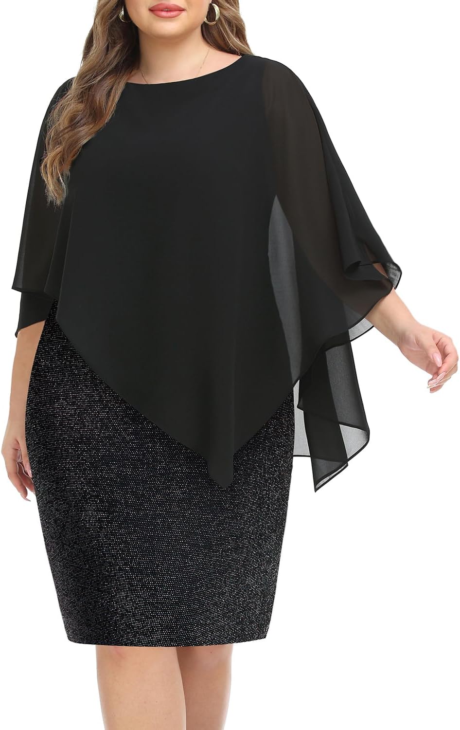 Plus Size Dresses Wedding Guest - Mother Bride Semi Formal Lace Cape with Chiffon Overlay Dresses