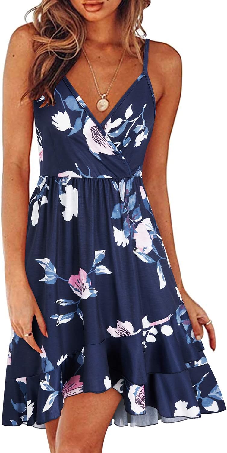 ULTRANICE Womens Summer Dresses Floral V Neck Ruffled Hem Spaghetti Spring Casual Beach Outfits Flowy Wrap Sun Dress