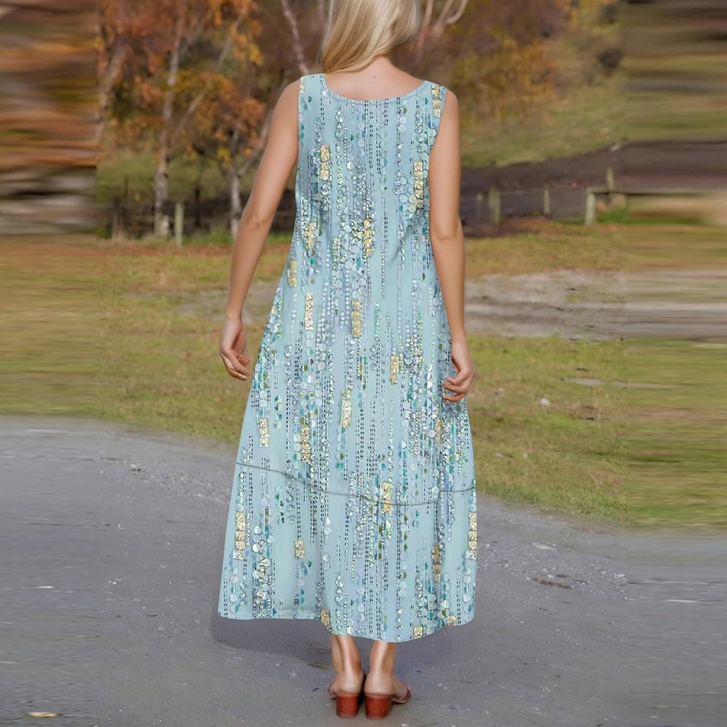 Womens Summer Tank Dress Vacation Boho Floral Long Dresses with Pockets Resort Wear Swing Beach Sleeveless Sundress