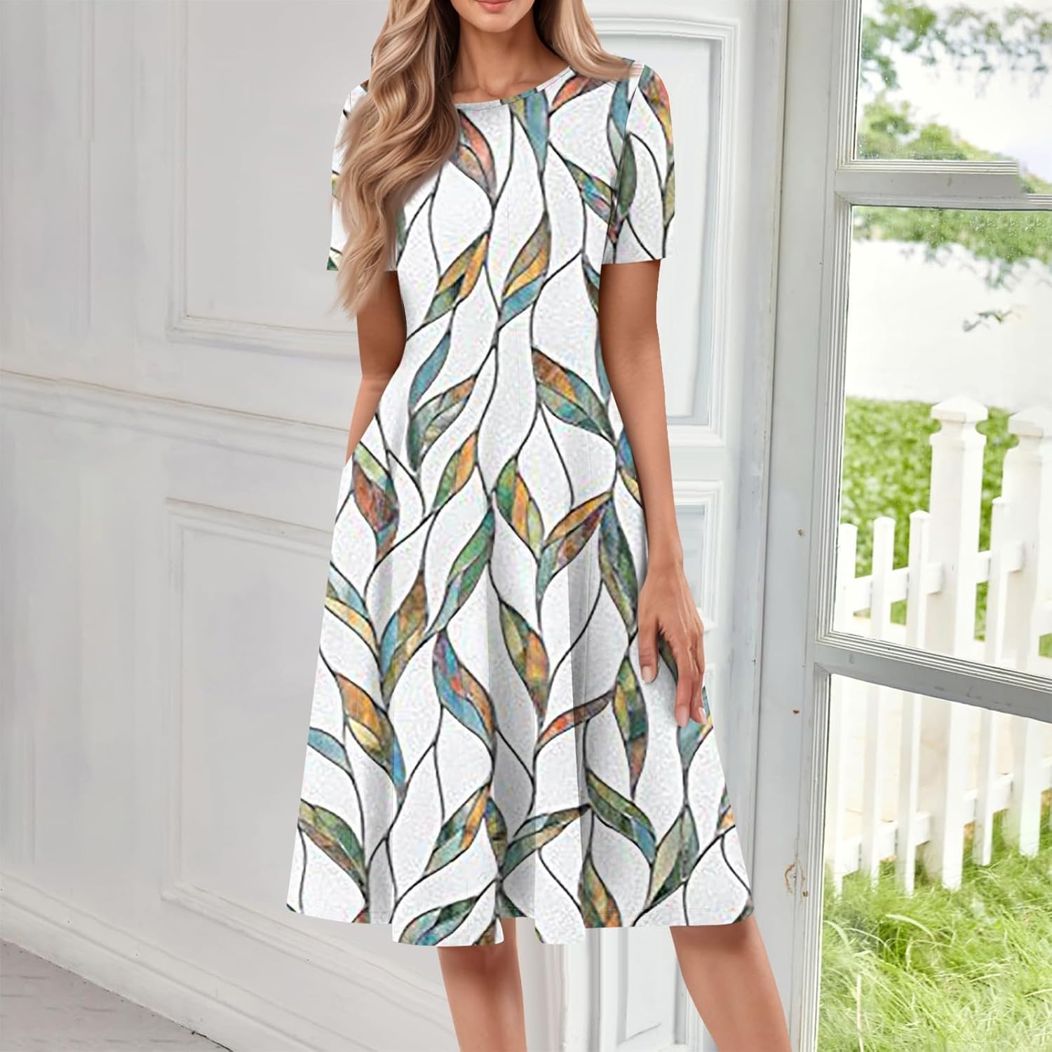Summer Dresses for Women 2025 Crew Neck Short Sleeve Boho Beach Vacation Floral/Solid Midi Sundresses with Pockets