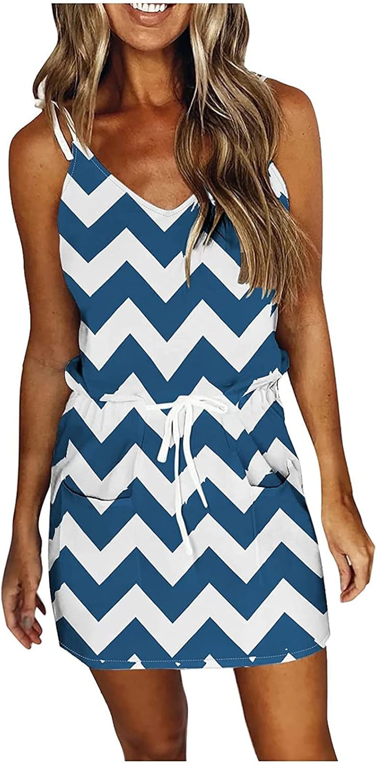 Women Summer Casual Striped Dress Drawstring Waist Tie Knot Mini Dresses Short Sleeve V Neck Tank Dress with Pocket