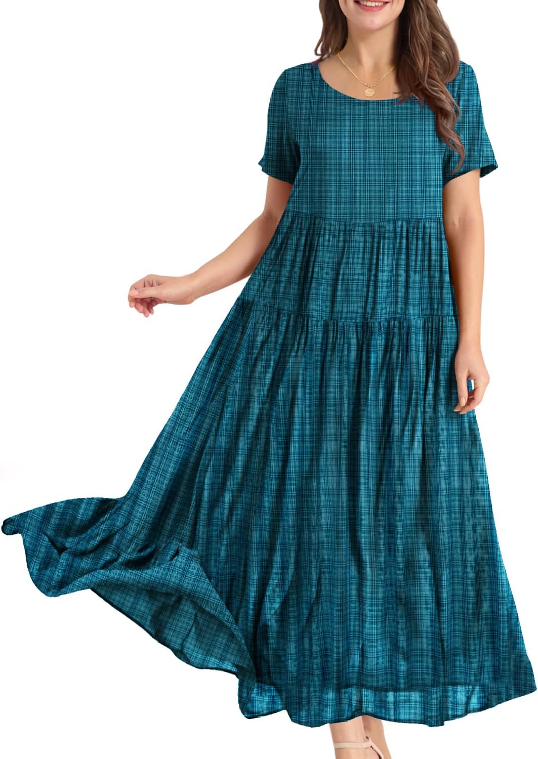 YESNO Women Casual Loose Bohemian Floral Dress with Pockets Short Sleeve Long Maxi Summer Beach Swing Dress EJF