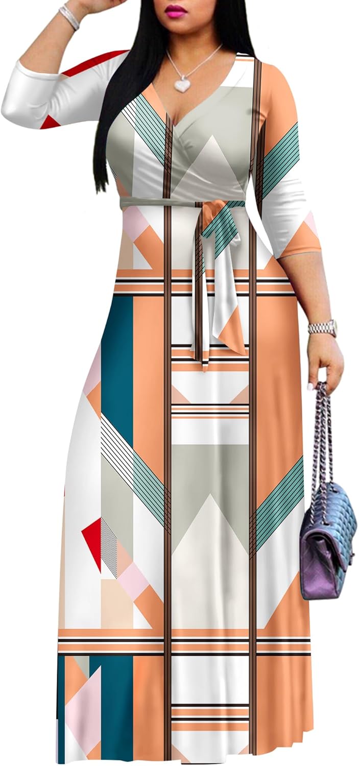 FANDEE Plus Size Maxi Dress for Women Casual Summer Sundress V-Neck 3/4 Sleeve
