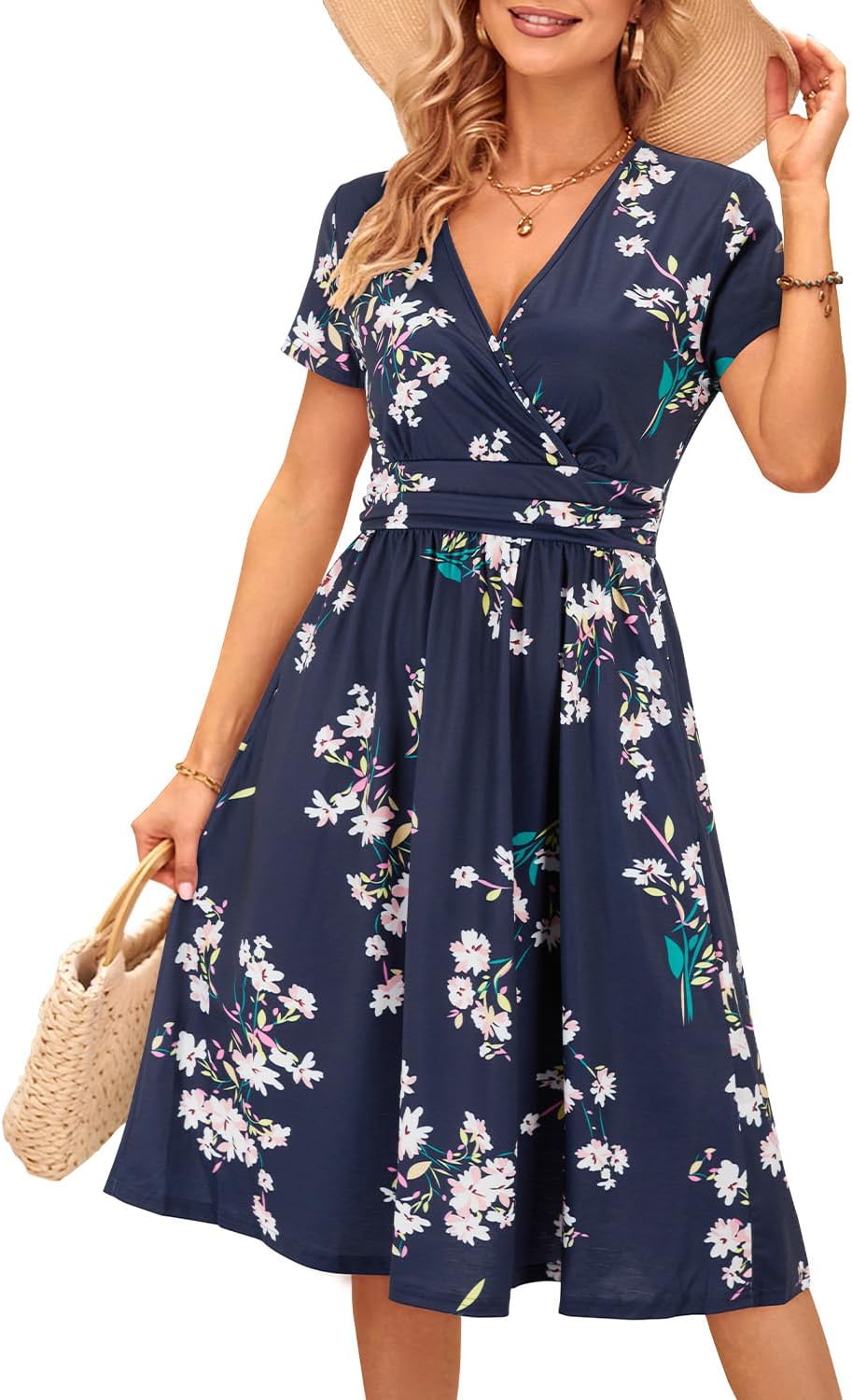 OUGES Women's Summer Short Sleeve V-Neck Floral Short Party Dress with Pockets