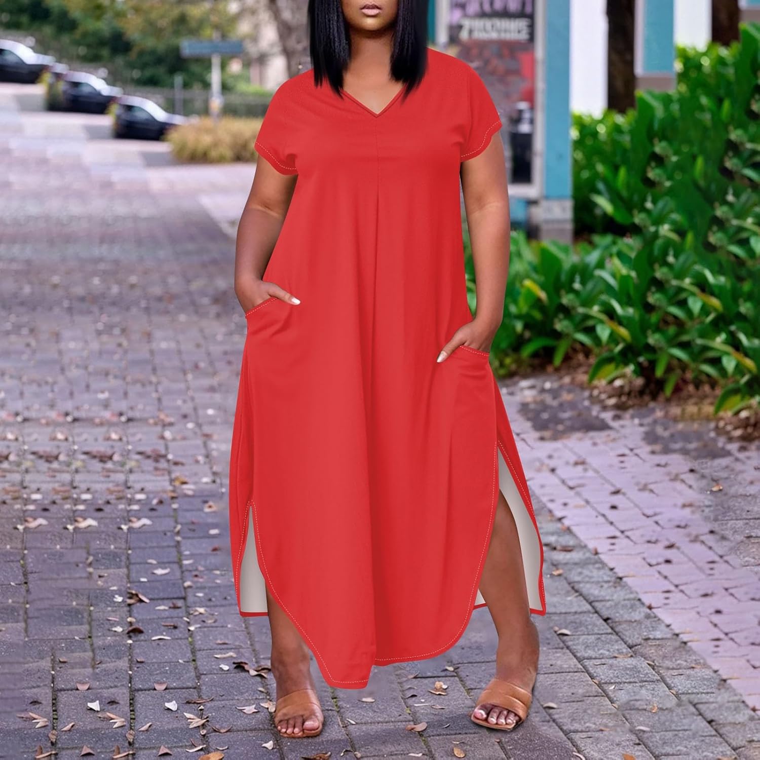 Maxi Dresses for Women 2025 Plus Size Tie Dye V Neck Dress Short Sleeve Side Split Beach Summer Sundress with Pocket