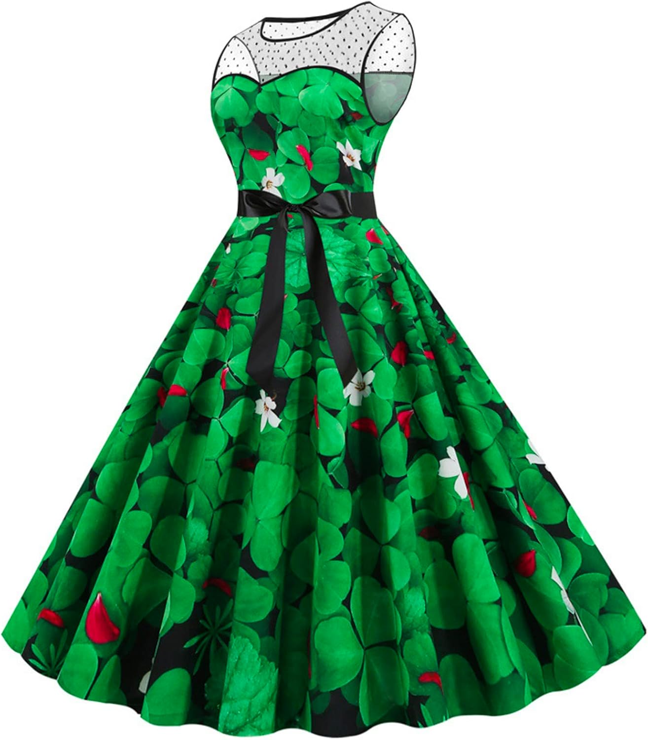 aihihe St Patricks Day Dress for Women A Line Pleated Hepburn Dress Lukcy Shamrock Print Irish Dress 2024 Vintage Dress