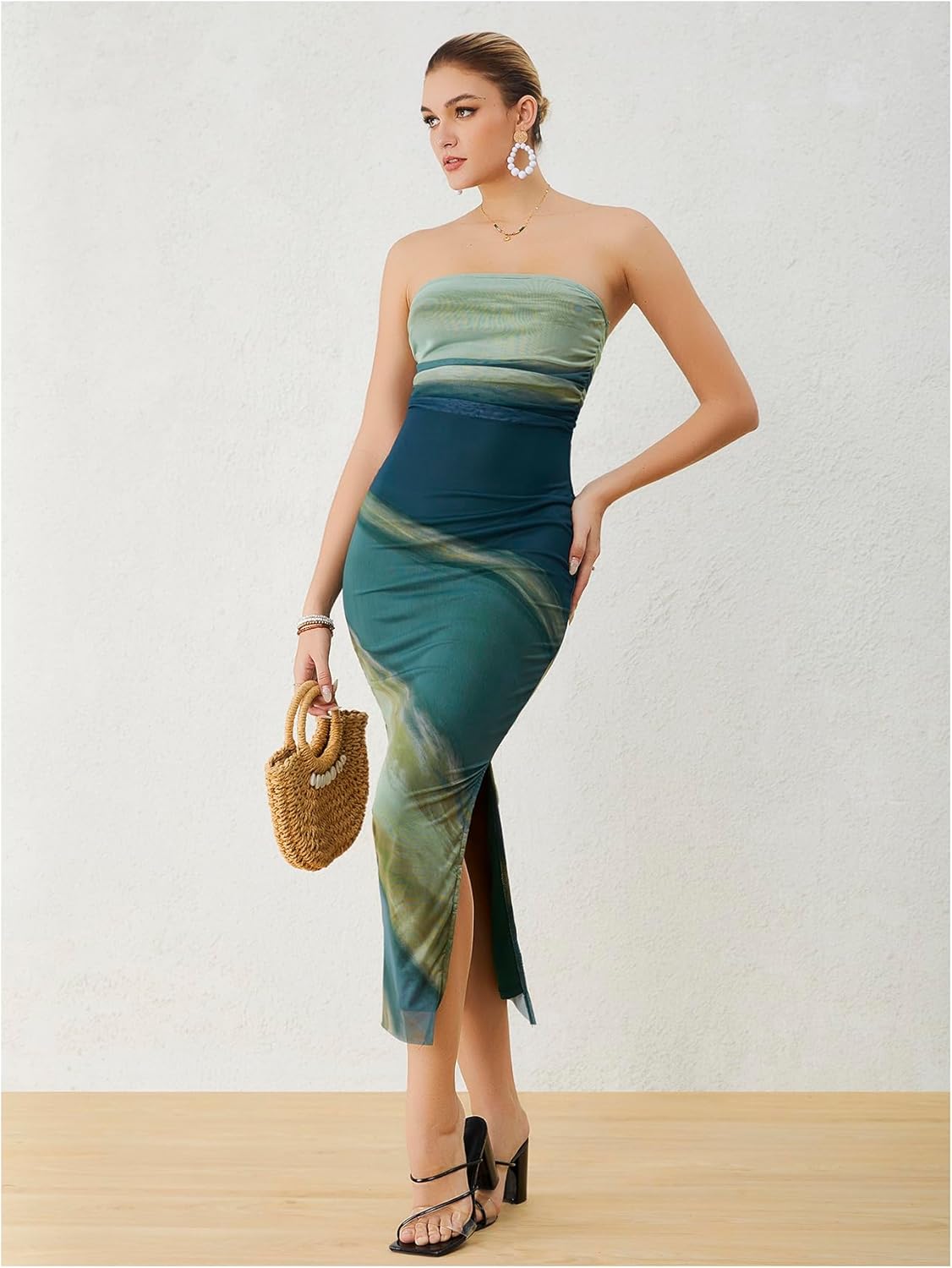 Milumia Women's Printed Strapless Tube Top Long Dress Slit Hem Sleeveless Bodycon Maxi Dresses