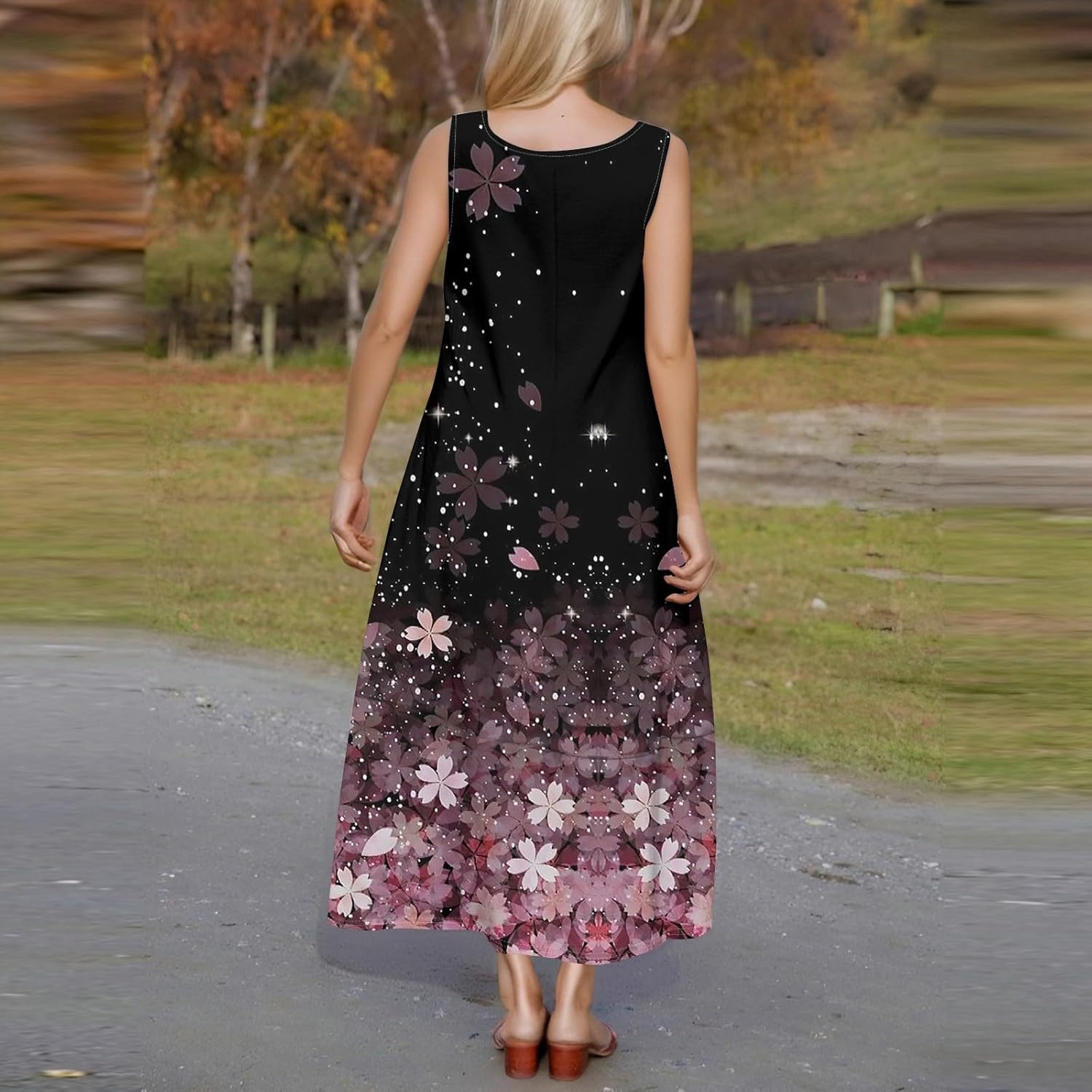 Womens Summer Tank Dress Vacation Boho Floral Long Dresses with Pockets Resort Wear Swing Beach Sleeveless Sundress