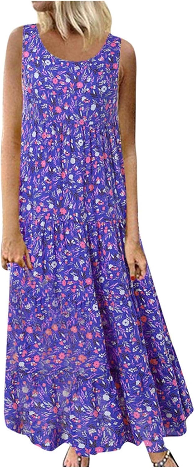 Ceboyel Women Boho Floral Maxi Dresses Flowy Tank Dress Sleeveless Smocked Sundresses Trendy Casual Beach Long Sun Dress
