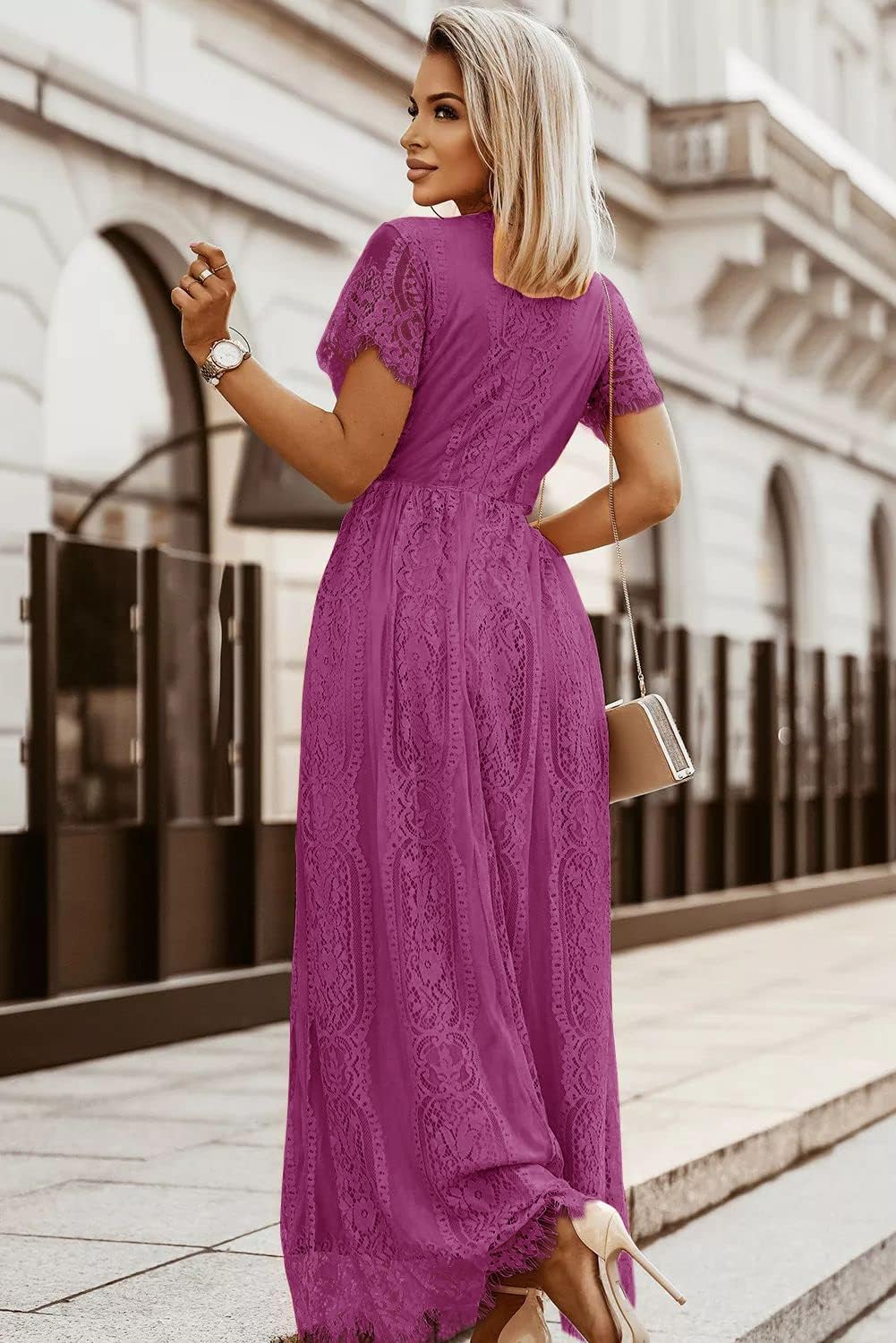 MEROKEETY Women's V Neck Short Sleeve Floral Lace Wedding Dress Bridesmaid Cocktail Party Maxi Dress