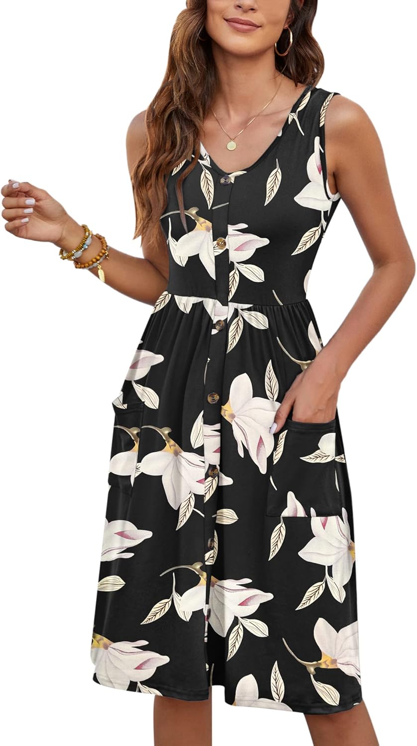 MOLERANI Women Summer Dresses Sleeveless Casual Loose Swing Button Down Midi Dress with Pockets