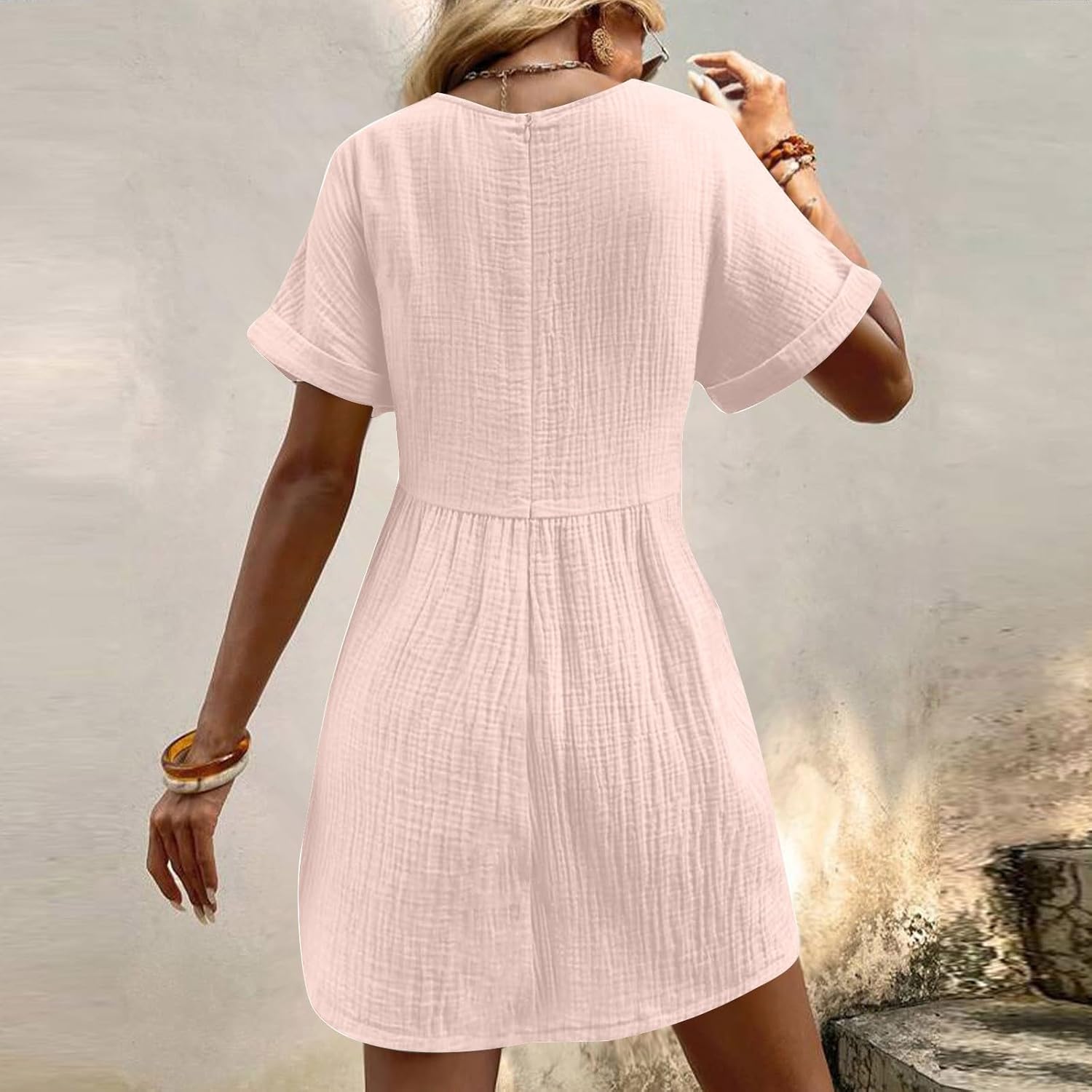 hlysgo Womens Summer Dresses 2024 Casual Loose Fit Short Sleeve V Neck Mini Dress Trendy Vacation Tshirt Dress with Pockets