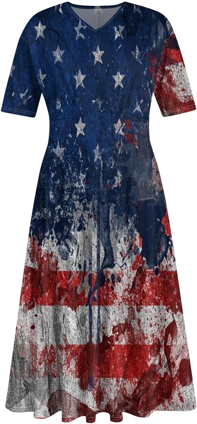 Women's Patriotic Star Print Midi Short Sleeve V-Neck Casual A-Line Dress for Summer Parties & Events