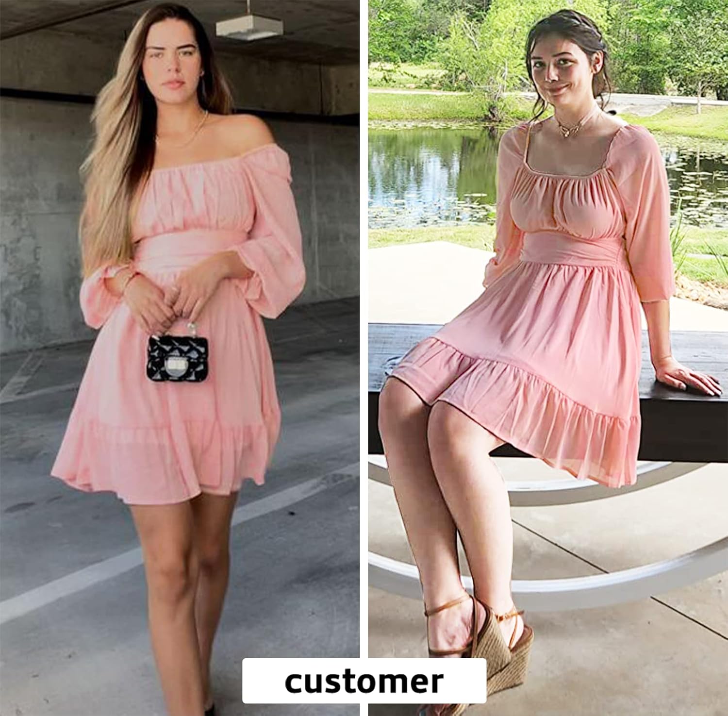 EXLURA Women's 2025 Casual Long Lantern Sleeve Dresses Square Neck Ruffle Tie Back Elastic Waist Aline Short Mini Dress