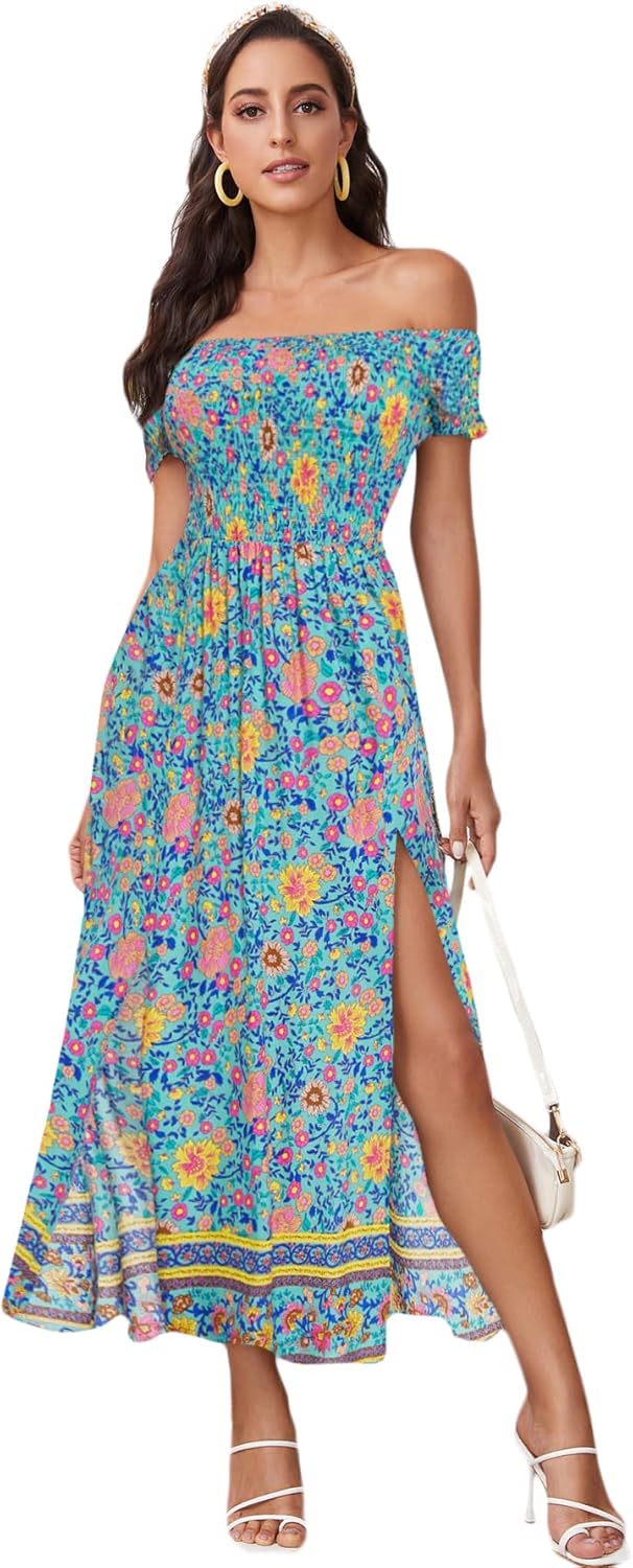 Floerns Women's Boho Floral Print Off Shoulder Split Long A Line Dress