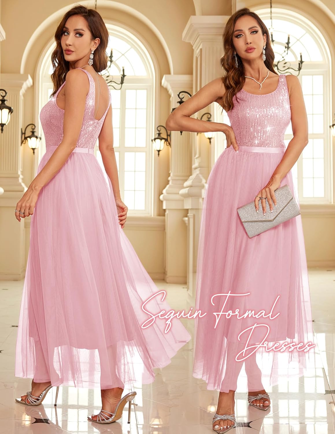 BeryLove Sequin Dress for Woman Vintage A Line Wedding Formal Swing Mesh Dress Sleeveless Cocktail Maxi Gowns