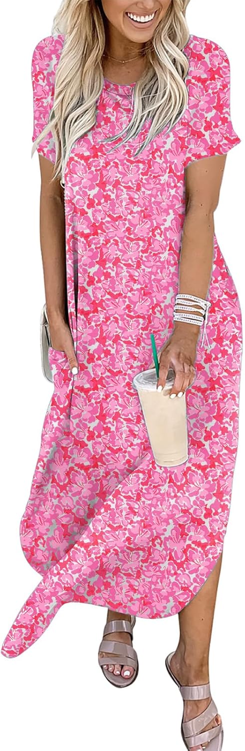 ANRABESS Women's Summer Casual Loose Short Sleeve Long T Shirt Dress Split Maxi Beach Sundress Travel Vacation Outfits