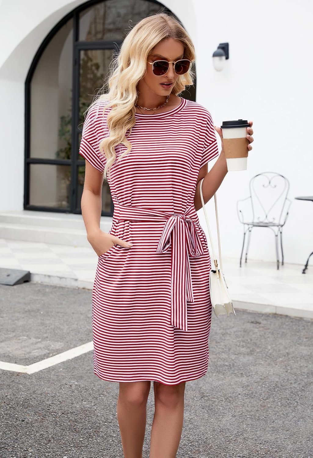 MEROKEETY Women's Summer Striped Short Sleeve T Shirt Dress Casual Tie Waist with Pockets
