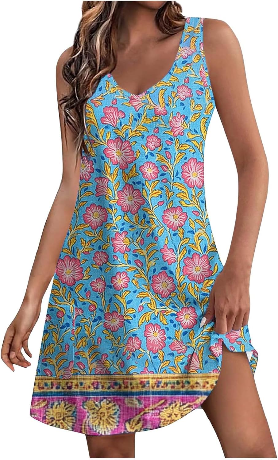 Womens 2025 Spring Summer Dresses Casual Floral Print V-Neck Tank Dress Curve Hem Pleated A-Line Sundresses
