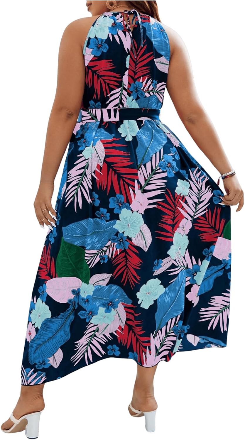 Floerns Women's Plus Size Boho Sleeveless Halter Neck Tie Back A Line Long Dress