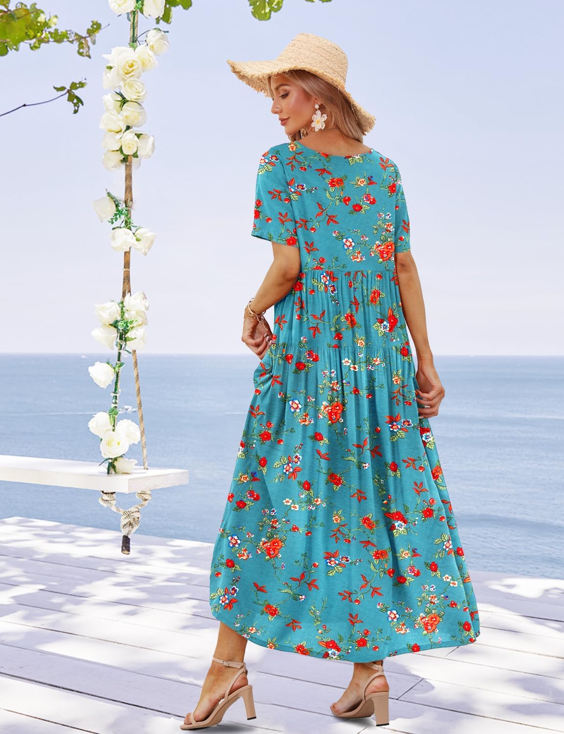 YESNO Women Casual Loose Bohemian Floral Dress with Pockets Short Sleeve Long Maxi Summer Beach Swing Dress EJF