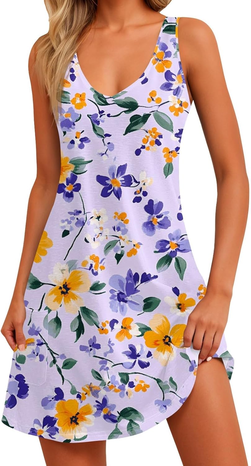 NBXNZWF Women Summer Casual Dress 2025 Casual Loose Sleeveless V-Neck Sundresses A Line Tshirt Beach Dresses with Pockets