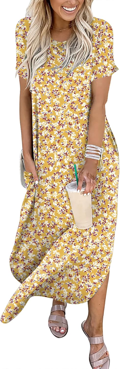 ANRABESS Women's Summer Casual Loose Short Sleeve Long T Shirt Dress Split Maxi Beach Sundress Travel Vacation Outfits