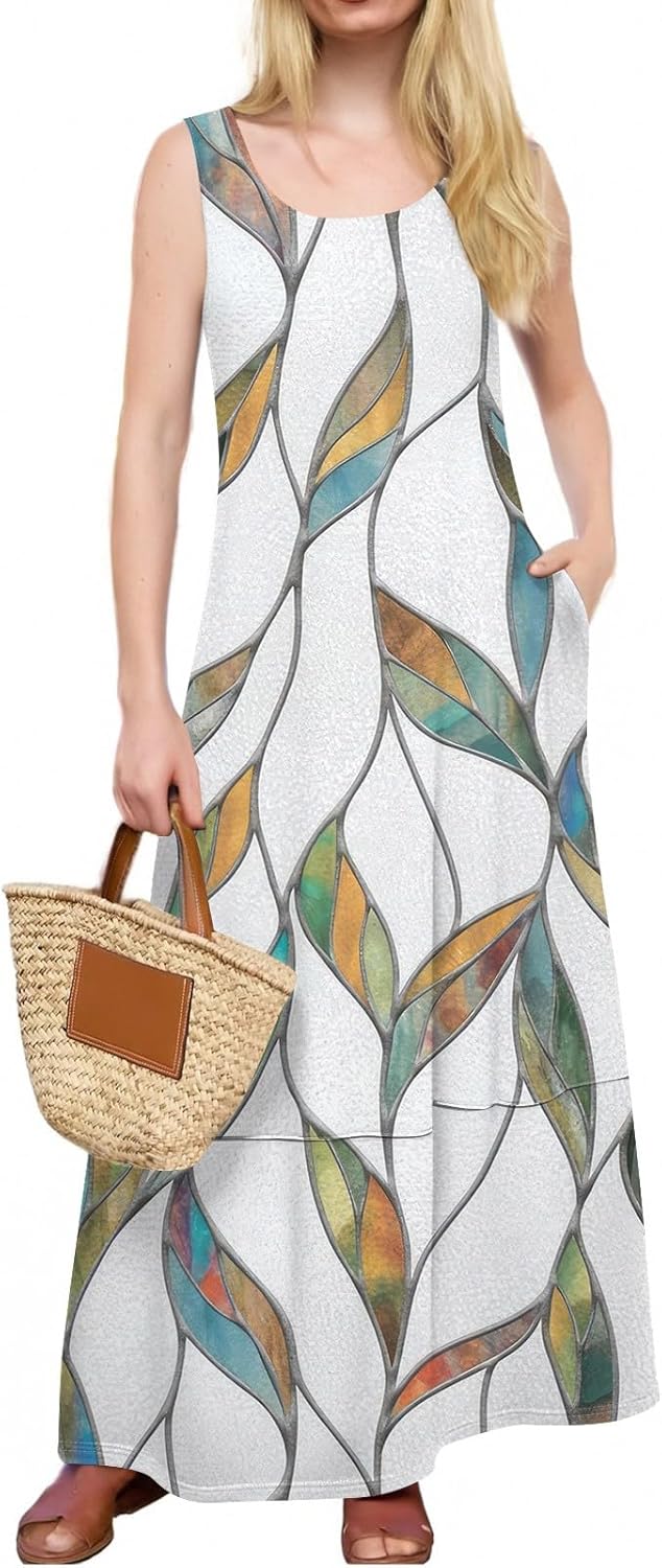 Womens Summer Tank Dress Vacation Boho Floral Long Dresses with Pockets Resort Wear Swing Beach Sleeveless Sundress