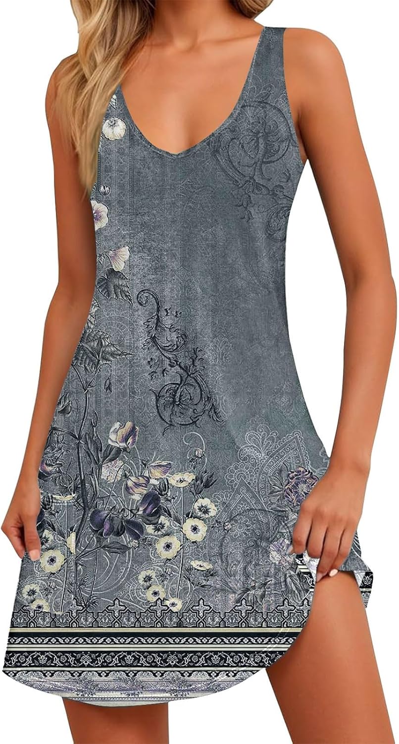 Women's Summer Dresses 2025 Beach Casual Sleeveless Floral Print Boho Tank Dress V Neck Ruffle Dresses