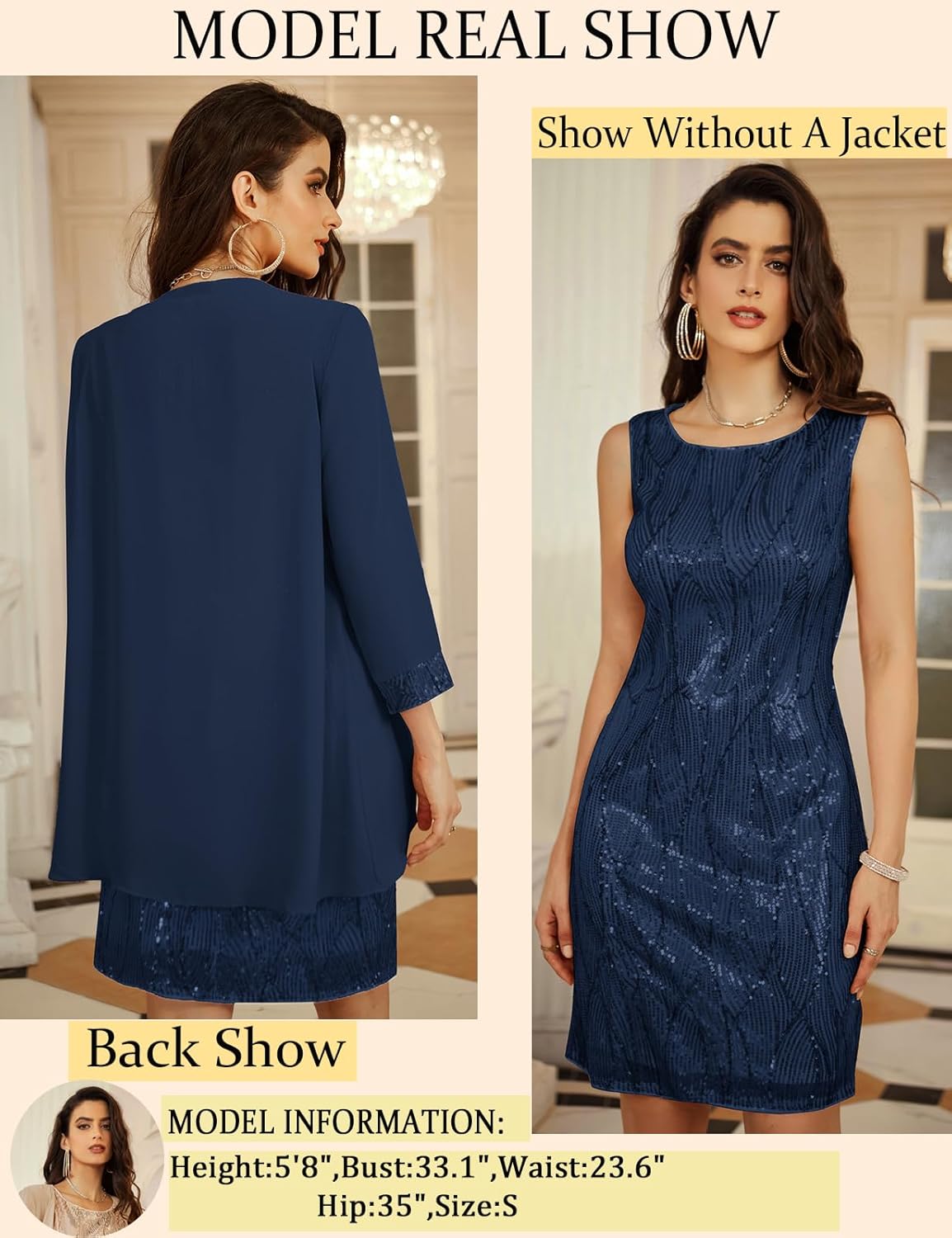 GRACE KARIN Sequin Dress for Women Knee Length Mother of the Bride Dresses Formal Dress Two Piece Dress with Chiffon Jacket