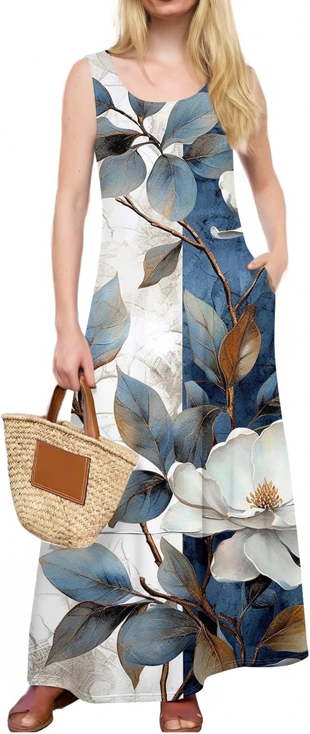 Womens Summer Tank Dress Vacation Boho Floral Long Dresses with Pockets Resort Wear Swing Beach Sleeveless Sundress