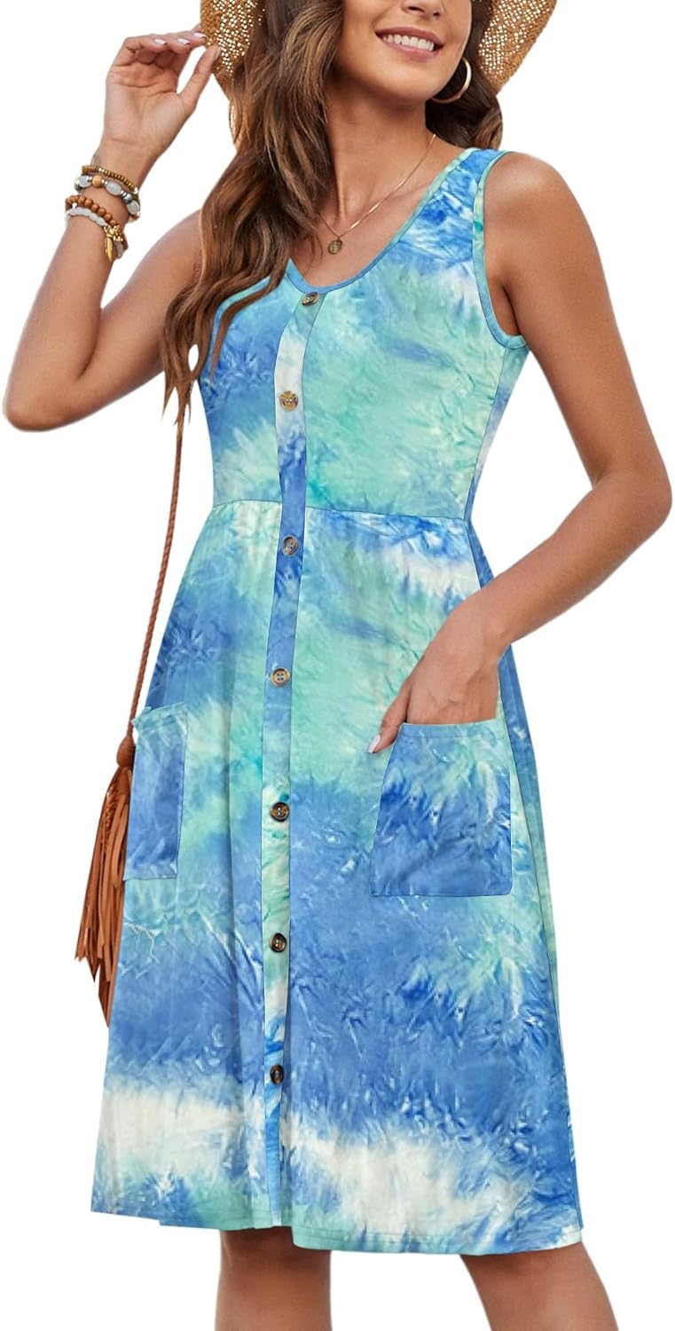 MOLERANI Women Summer Dresses Sleeveless Casual Loose Swing Button Down Midi Dress with Pockets