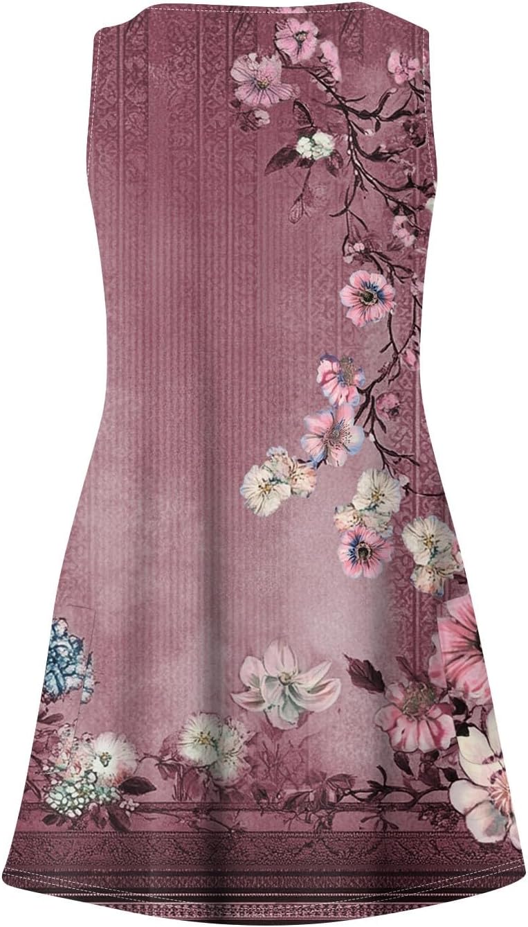 Women's Sleeveless Floral Print Summer Dress Casual V-Neck A-Line Mini Dress for Beach Party and Daily Wear