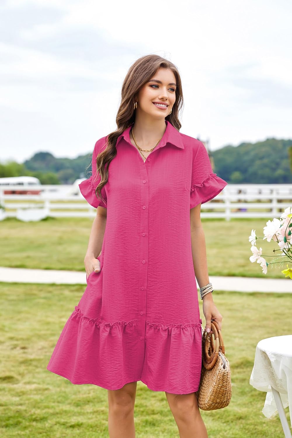 CCTOO Women's Summer Dresses Casual V Neck Button Down 3/4 Sleeve Floral Print Loose Flowy Shirt Dress