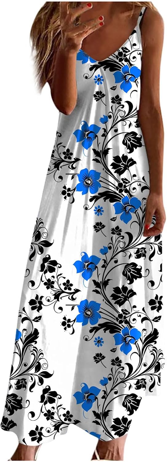 Womens Floral Maxi Dresses Spaghetti Strap Casual Summer Long Dress Vneck Flowy Boho Beach Sundress Vacation Outfits