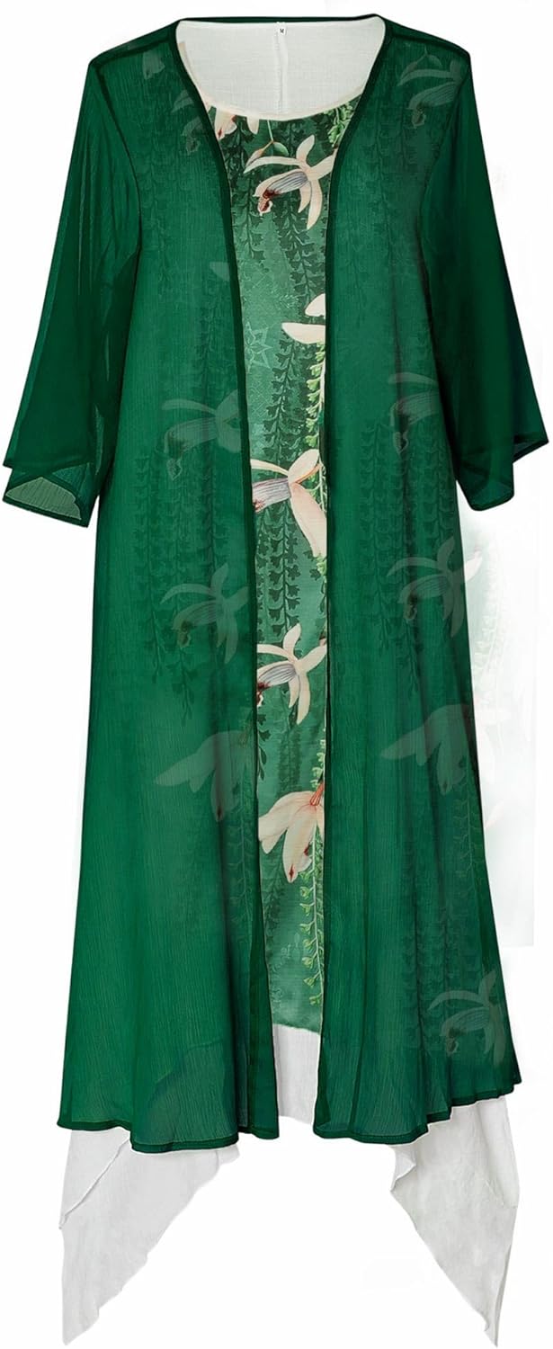 Honwenle Women's Linen Dress 2 Piece Outfit Floral Sleeveless Loose Maxi Summer Dresses with Jacket Formal Casual
