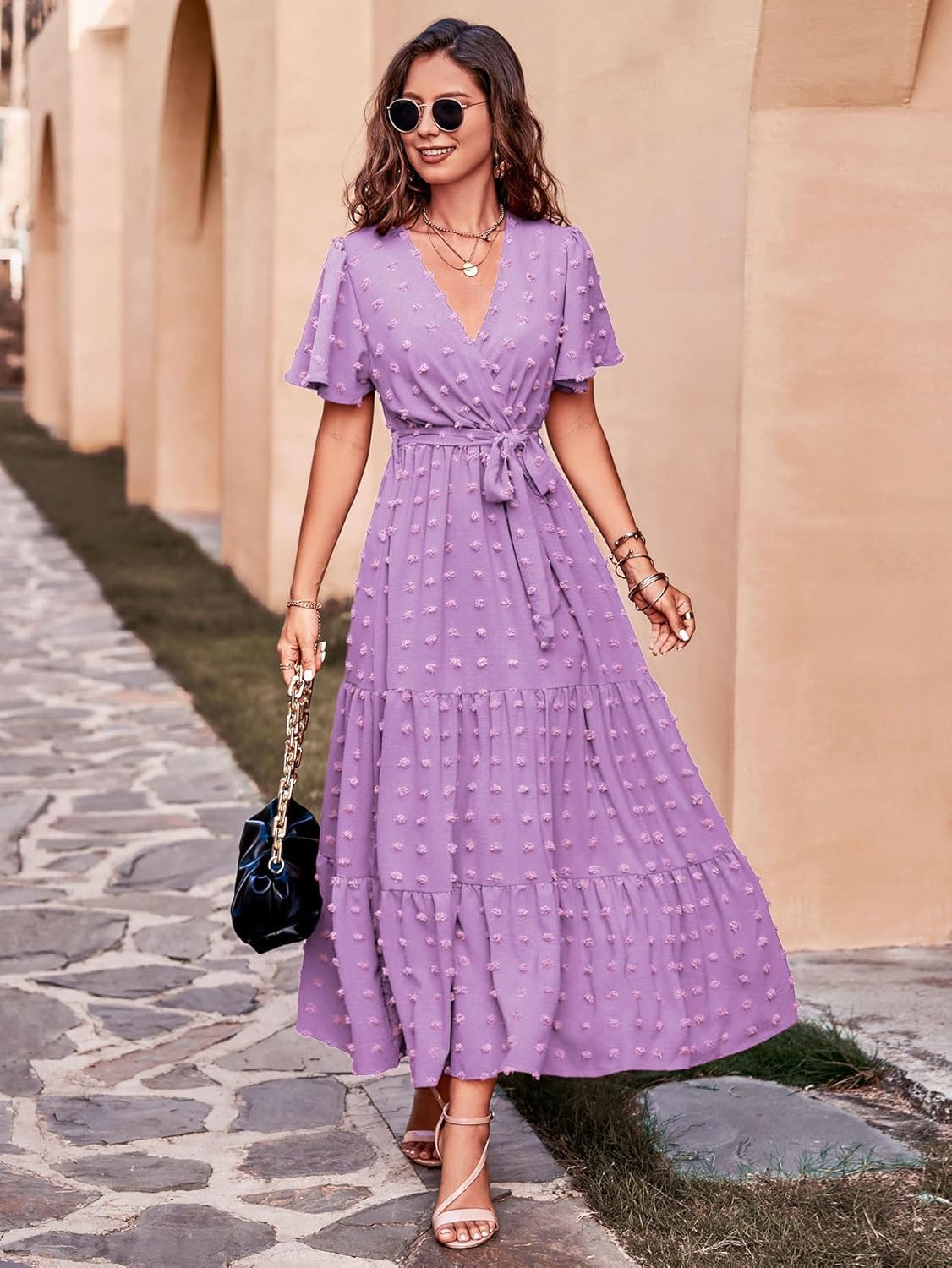 MASCOMODA Womens Boho Swiss Dot Maxi Dresses Wrap V Neck Flutter Short Sleeve Solid Tie Belt A Line Tiered Flowy Long Dress